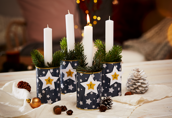 Adventskranz basteln aus Schwartau Spezialitäten Dosen